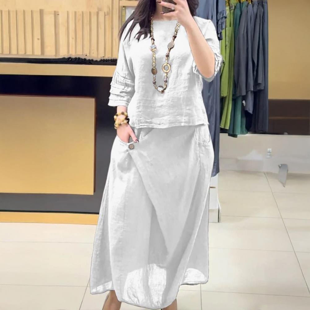 

Women s Summer Two Piece Set Women s Linen Outfit Set Short Sleeve Top Midi Skirt Elegant 2-Piece Lounge Set with For Ladies 5XL білий
