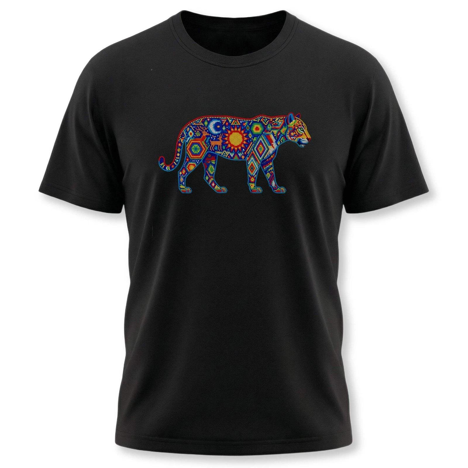 Vibrant Huichol Jaguar T-Shirt | Mexican Folk Art Sun Moon Tee Shirt Design XS