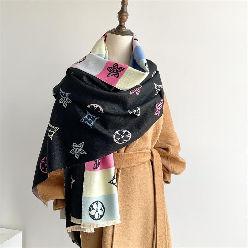 Color scarf Women's fringed cashmere scarf Warm winter versatile imitation cashmere shawl Dual-purpose thickened warm neck protection