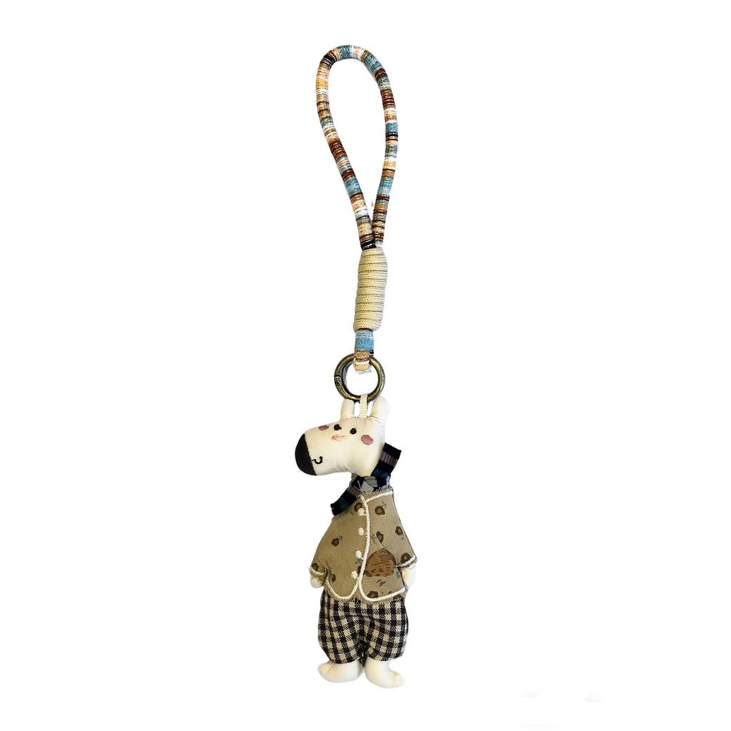 Cute Dressed Hippo Bag Charm, Handmade Fabric Hippo Keychain with Colorful Braided Rope