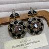Medieval Vintage Black Gemstone Earrings, Simple Retro Premium Earrings, Crystal Diamond Enamel Earrings.