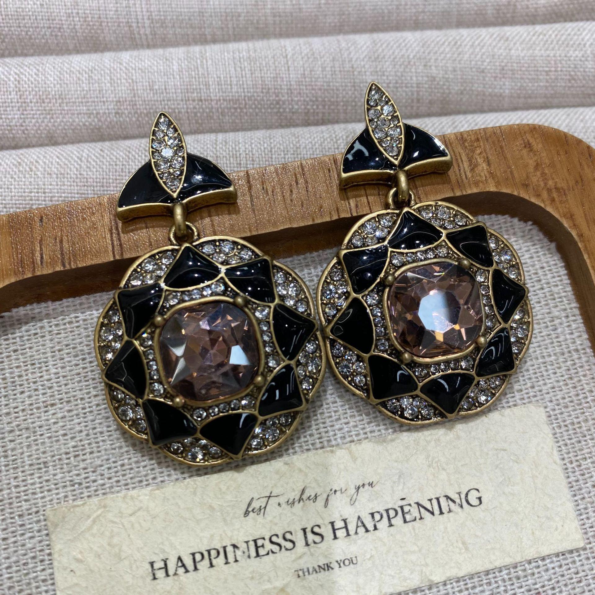 Medieval Vintage Black Gemstone Earrings, Simple Retro Premium Earrings, Crystal Diamond Enamel Earrings.