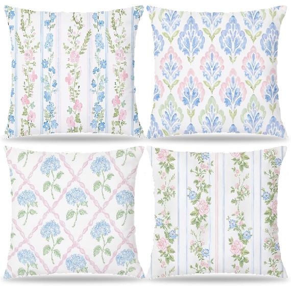 XUISWELL830 Pink and Green Blue Grandmillennial Hydrangea Floral Pillow Covers 18x18, Pink and Blue Green Cottage Core Grand Millenial Pillow Cover Pink and Blue Green 2