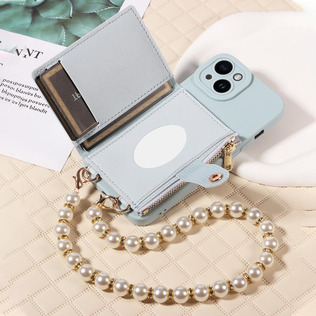 For IPhone16e 16 15 14 13 12 11 Pro Pro Max Plus7 8 X XS XR Faux Leather, Stylish Mirror Zipper and Pearl Rope Phone Case