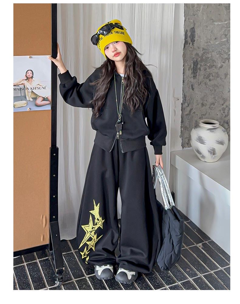 Girls' Spring & Autumn 2025 Set: Korean Style Hooded Jacket with Star Scimitar Pants for Middle & Big Kids