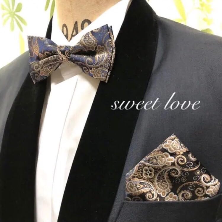 Champagne Gold Paisley [Bow Tie & Pocket Square] 2-Piece Set for Men - One-Touch Fit - Casual & Formal