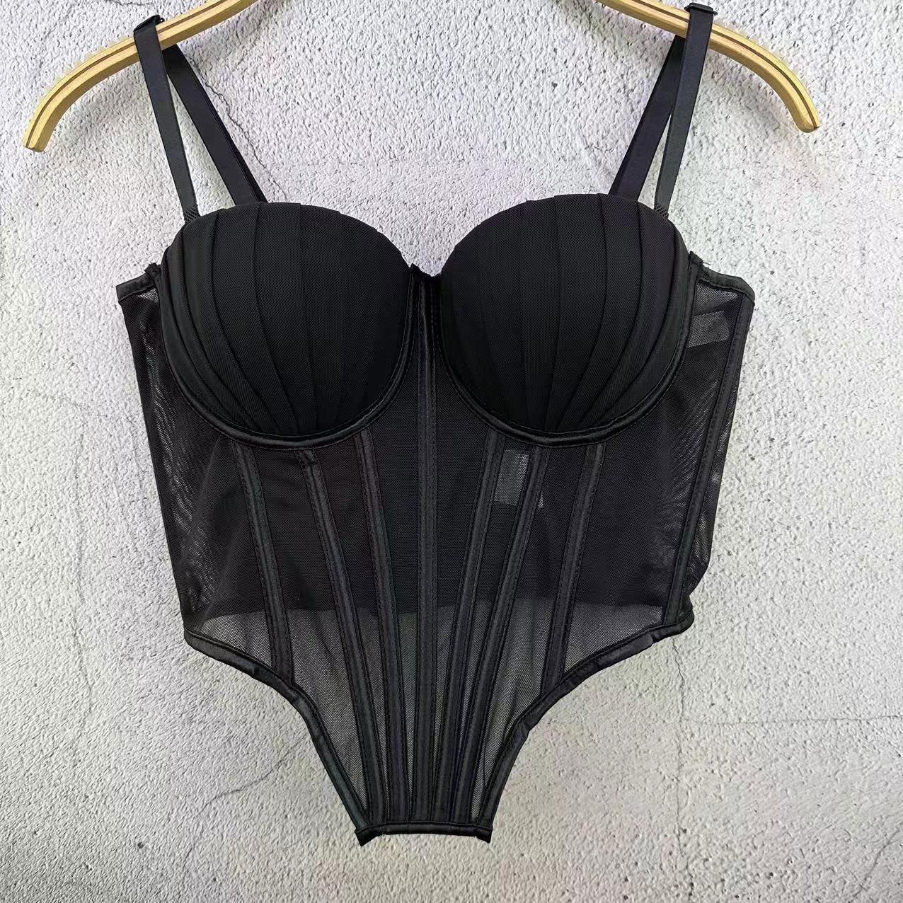 

Топ-бюстье из сетчатого кружева во французском стиле со скульптурированной спинкой, верх без бретелей на косточках для женщин, легкий стиль, майки и топы 36/80