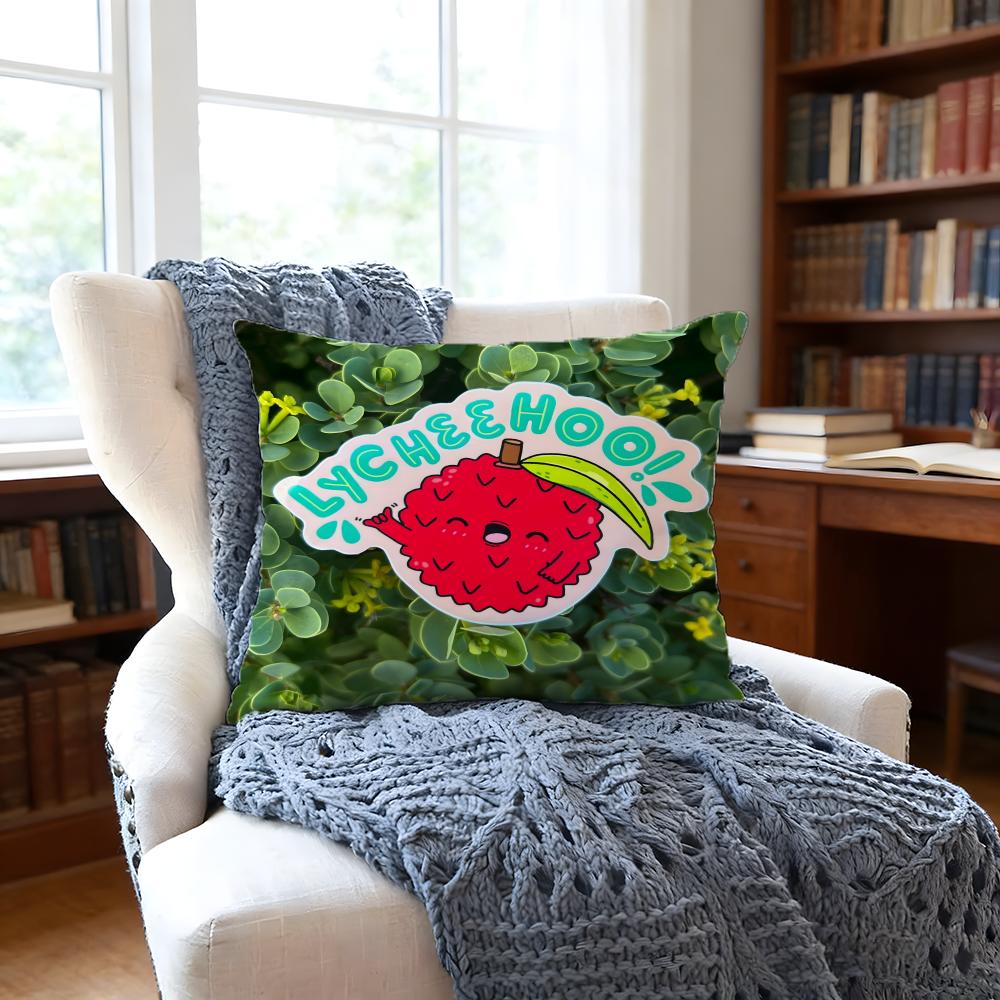 Litchi Illustration Cushion Cover Anti-Dust Mite Short Plush Pillowcase - Invisible Zipper Silky Soft Sofa Cushion Cover