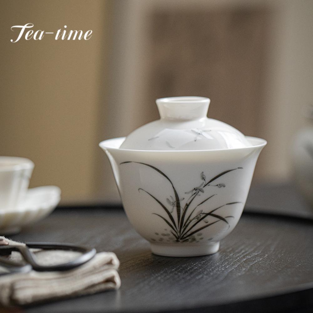 140ml Unterglasur Handbemalt Orchidee Teeterrine Einzelbecher Keramik Einfache Teetassen Weißes Porzellan Deckel Schale Kung Fu Teeset