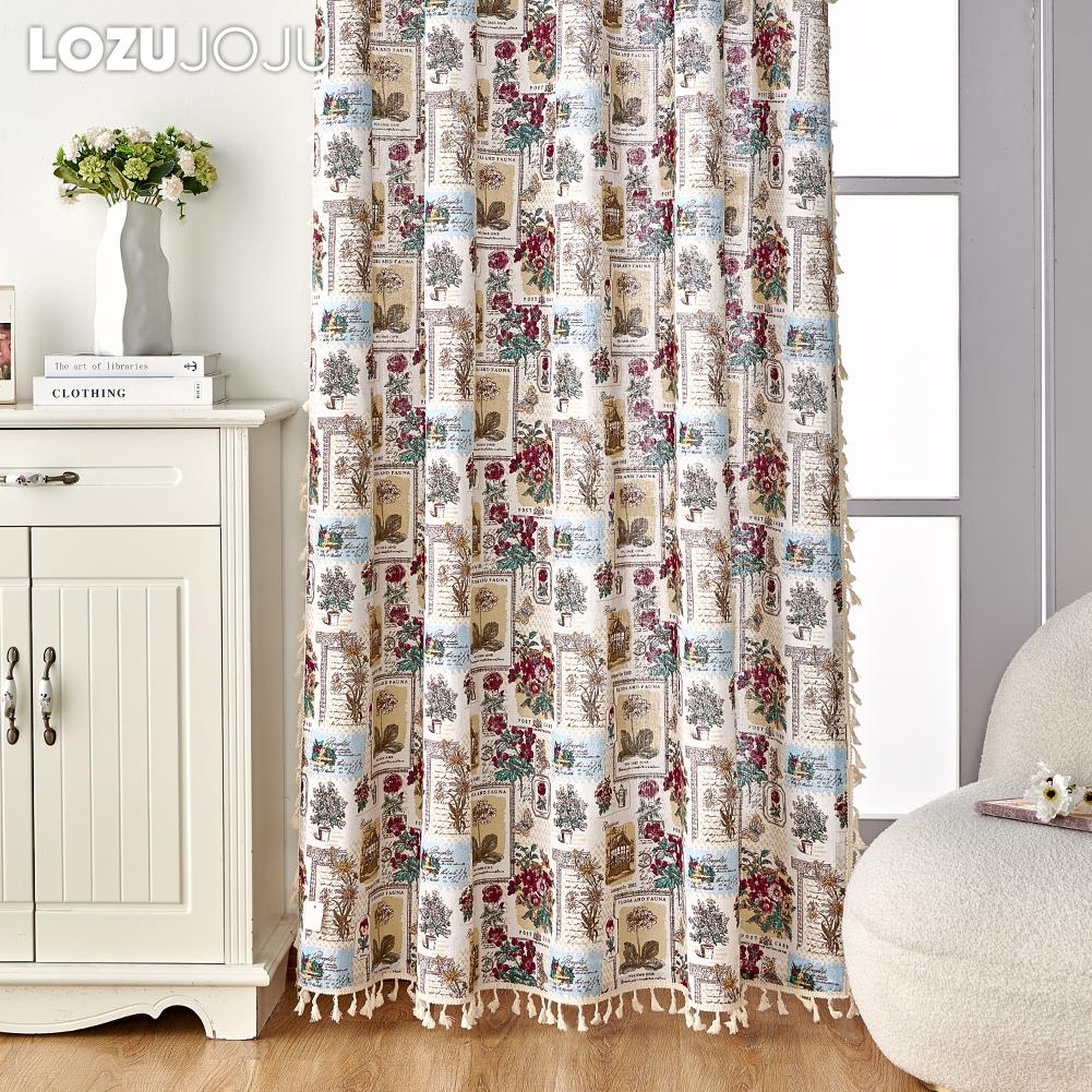 1PC LOZUJOJU Semi Blackout Cotton Linen Printed Curtain Retro Style Tassel Curtain for Small Windows Balcony Bedroom Living Room Home Decor