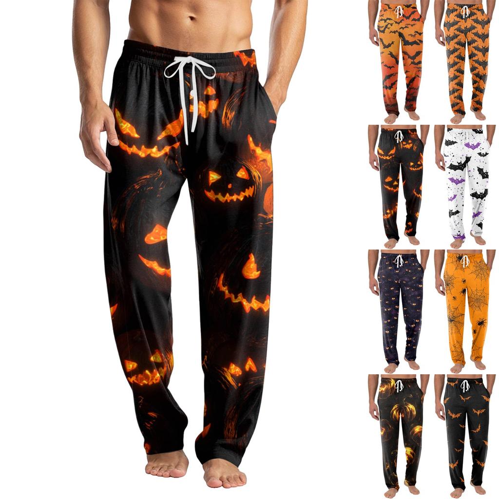 Pánské pletené ležérní kalhoty s kapsami a halloweenským potiskem, pyžamové kalhoty