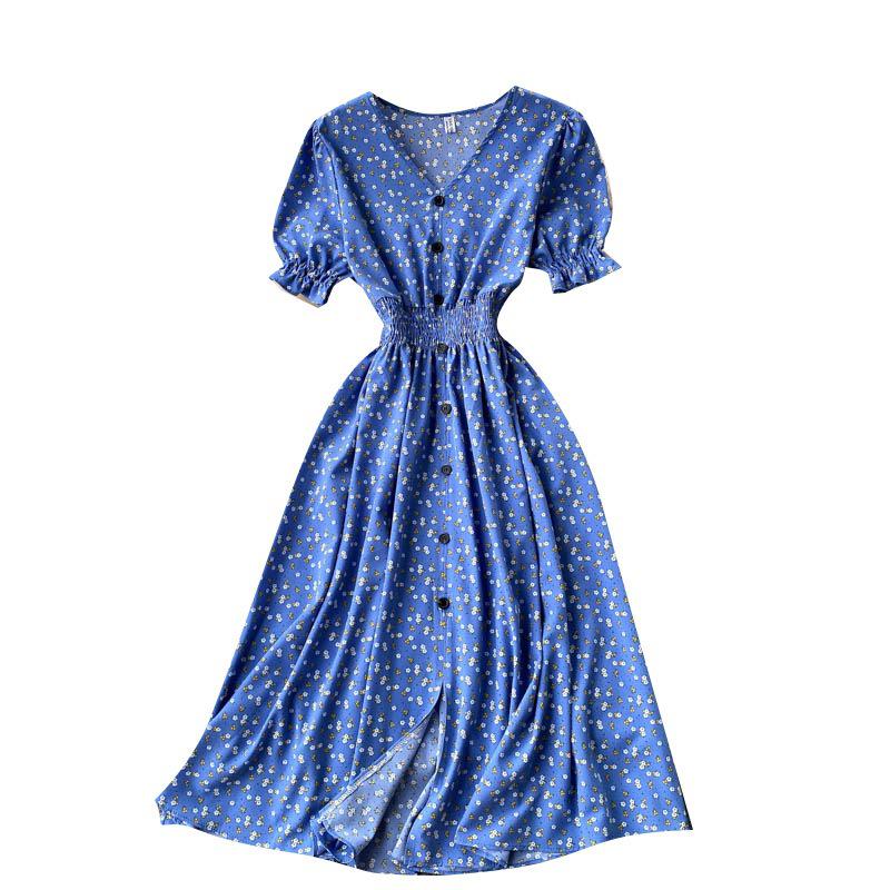 French-Style Retro Floral Dress with Puff Sleeves and Button-Up Slim Fit