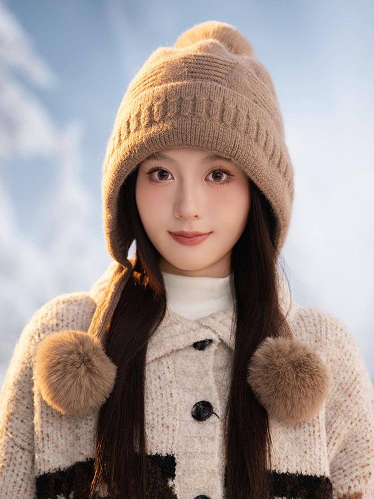 Winter Women Knit Weaving Thicken Warm Windproof Cap Lei Feng Cap Lady Sweet Hairy Balls Solid Casual Thermal Hat Fashion New