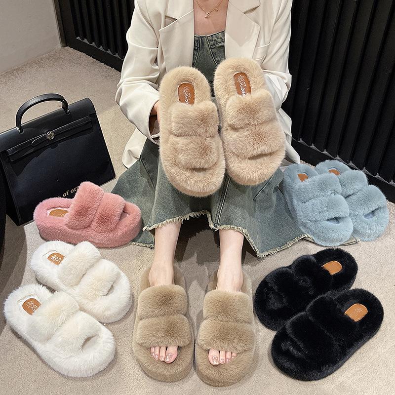 2025 spring and autumn new small muffin thick bottom heightening plush fluffy cotton slippers women wear home fluffy shoes