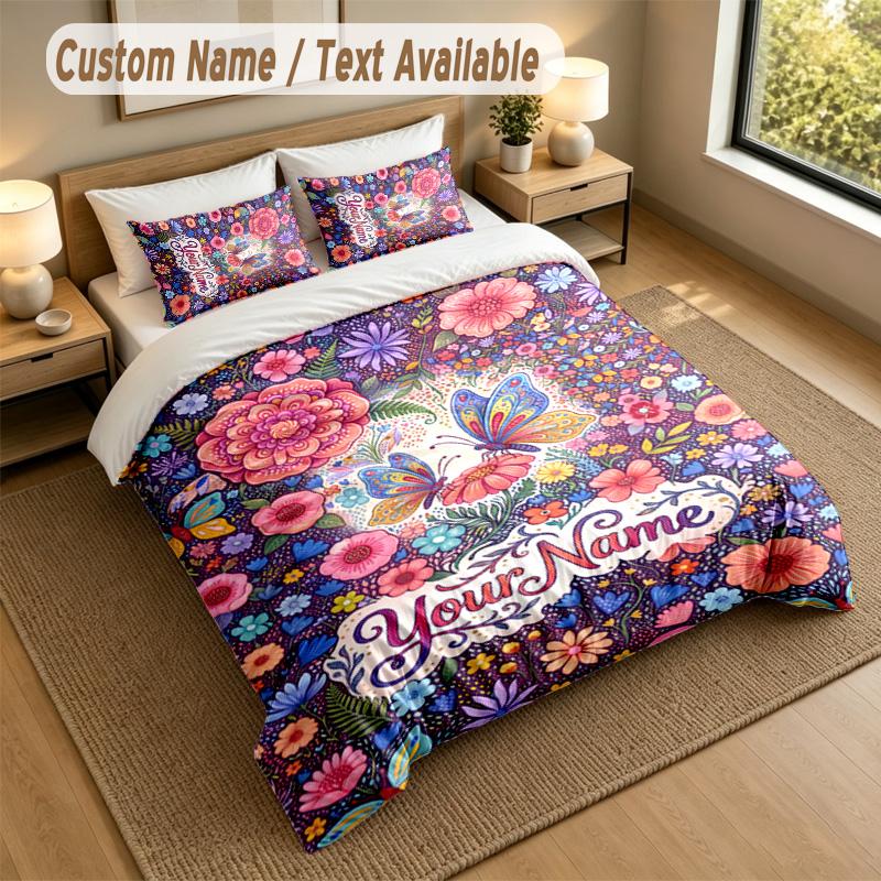 Floral Garden Theme Personalized 3Pcs Bedding Set Custom Text & Name 1 Sheet 2 Pillowcases Household Bedding 1pc