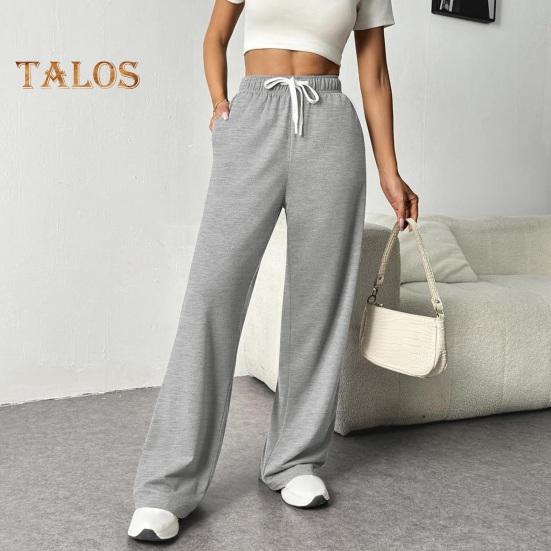 Pantaloni pentru femei cu talie înaltă elastică, cu șnur reglabil, pantaloni drepti cu picior largi, cu buzunare, pantaloni casual de culoare uni