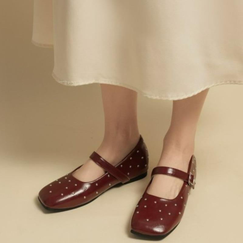 

Fashion Flat Shoes Spring New Style Square Head Shallow Mouth Rivet Line with Soft Sole Anti-slip Wear-resistant Single Shoes 40 вино красного