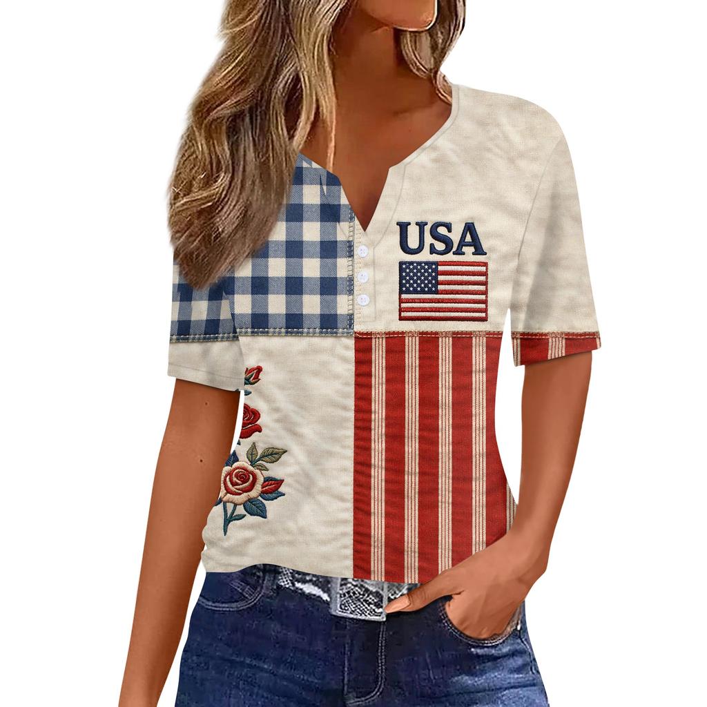 Women's Fashion Casual Independence Day Print V-Neck Short Sleeve Button-Up T-Shirt Top