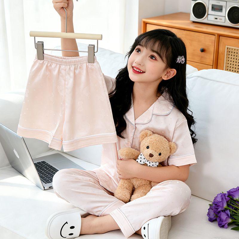 

Women s Ice Silk Pajama Set: Summer 2026 Short Sleeve, Shorts & White Cartoon Cardigan Size 16 (Height 135-145cm)