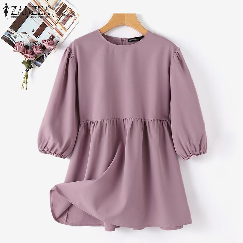 

ZANZEA Женская повседневная однотонная свободная блузка с длинным рукавом и круглым вырезом