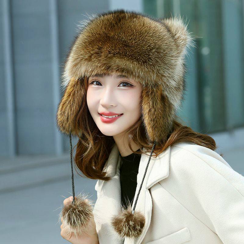 New Women Natural Raccoon Fur Caps Ushanka Hat For Winter Thick Warm Ear Fashion Pompoms Hat Lady Loveliness Real Fox Fur Cap