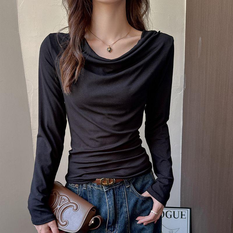 

2025 Women’s Slimming Batwing Collar Long Sleeve Top - Versatile Korean Style for Autumn/Winter S (Weight 80-95 lbs) чёрный