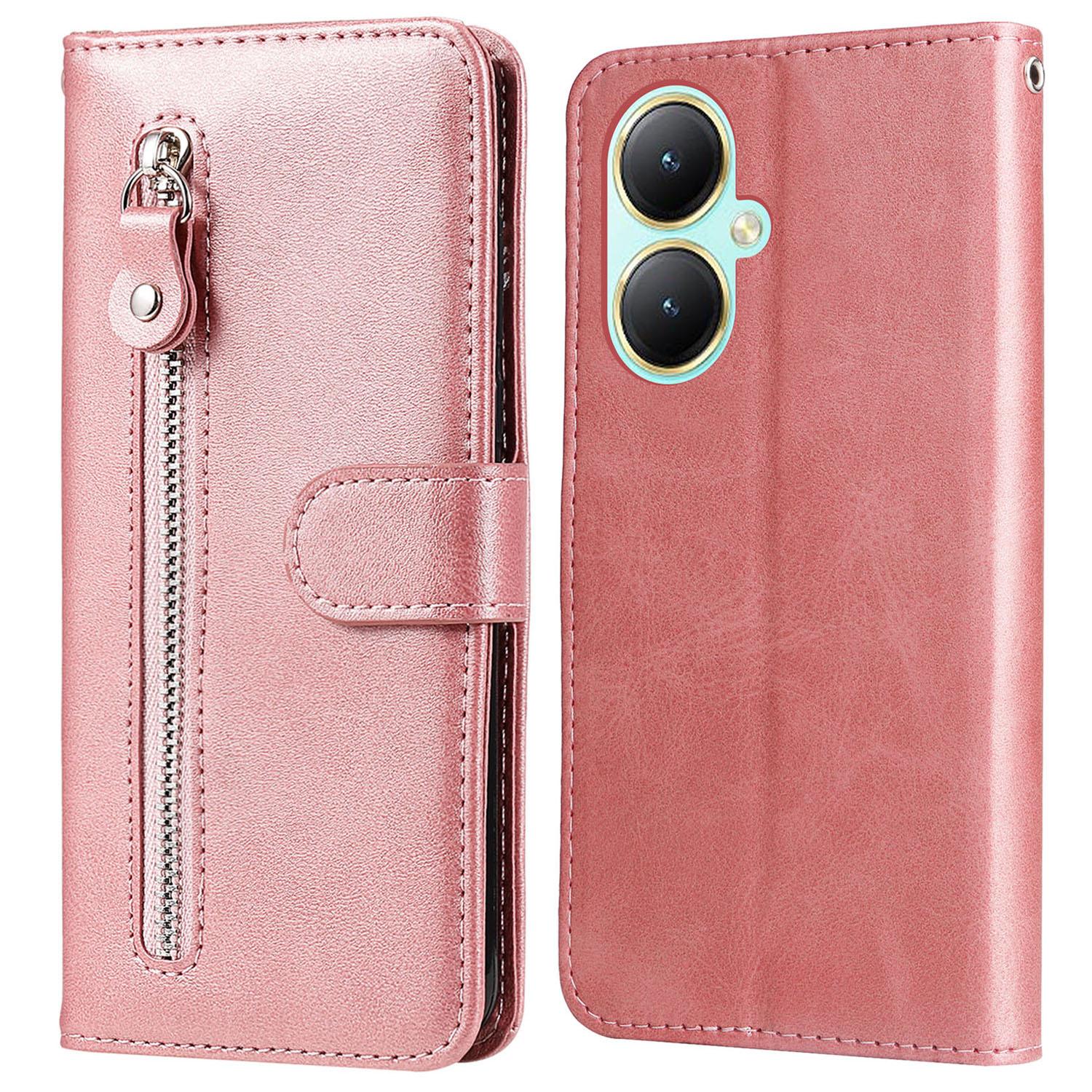 

For vivo Y35m+ 5G/Y35+ 5G PU Leather Zipper Folio Case Calf Texture Wallet Stand Phone Cover Pink