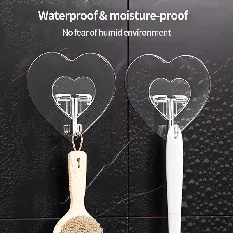 Heart Shape Transparent Hook Non Punching Plastic Love Hangers Holder Self Adhesive Key Towel Multi-Purpose Hook Wall Key Holder