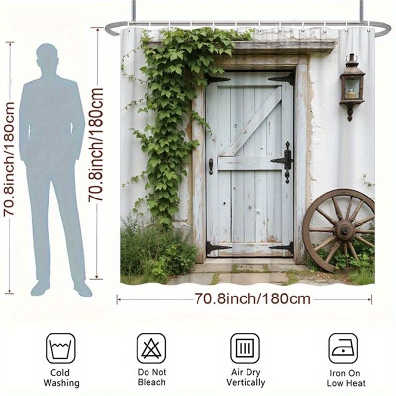 1pc Rustic White Wooden Door Shower Curtain with Distressed Texture, Ivy, Metal Lantern, and Vintage Wagon Wheel, 12 Hooks