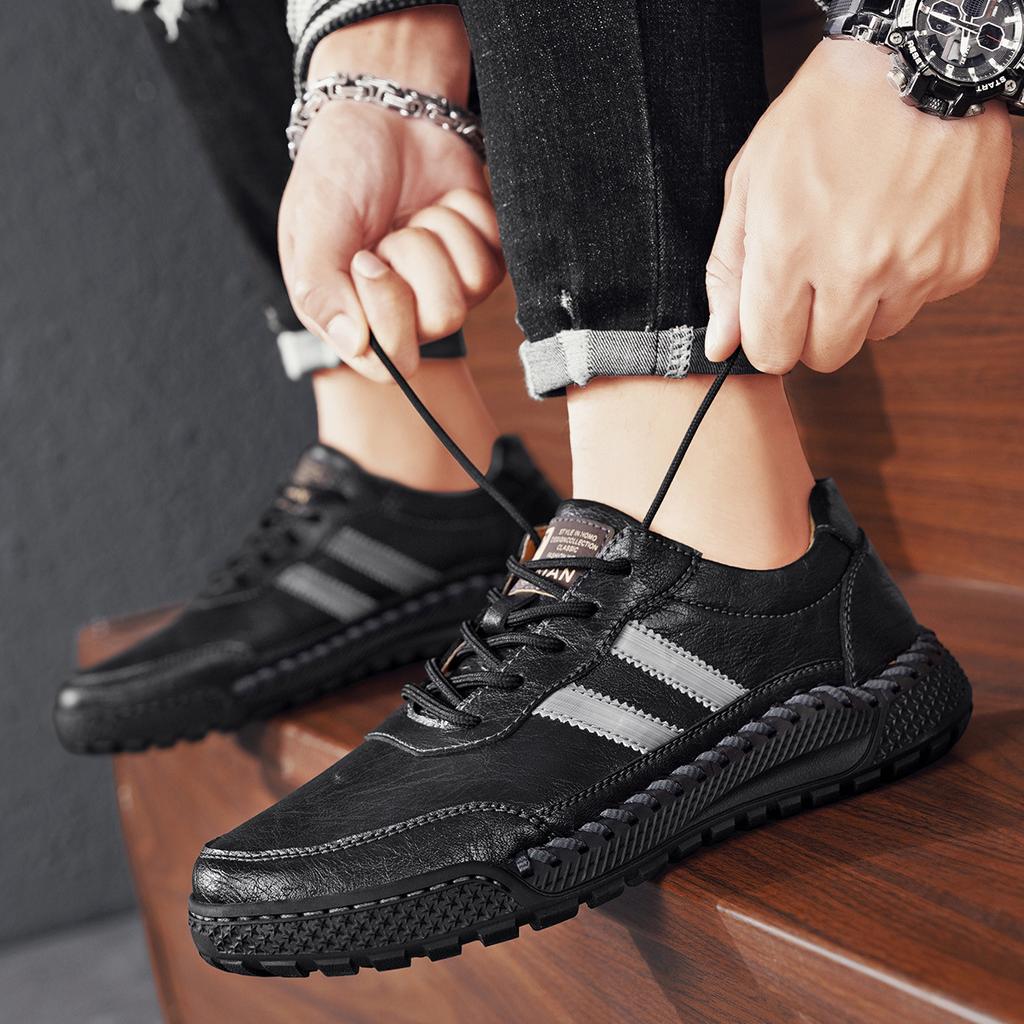 Hand-stitched Men's Shoes Autumn and Winter Casual Shoes Genuine Leather Men's Leather Shoes Low-top Large-size Father Shoes Breathable and Wear-r