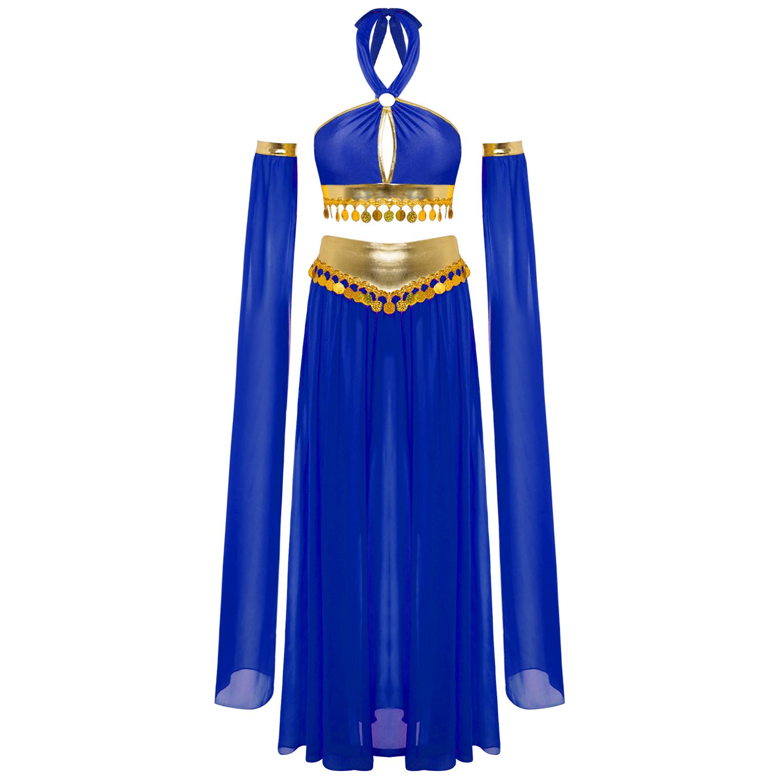 

Жіночий костюм для танцю живота Топ-холтер з вирізом «ключик» Спідниця з шифону на зав язках Знімні рукави з розрізами M синій