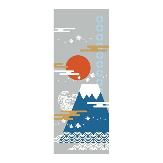 Hamamonyo Tenugui Towel - Mt. Fuji and Chidori Play - 100% Cotton, Approx. 34cm x 90cm, Printed, Raw Edge
