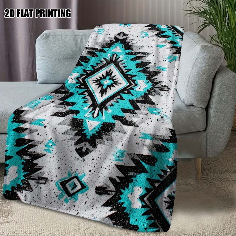 1pc Turquoise Aztec Print Fleece Blanket, Southwestern Boho Throw Blanket for Home Couch Bedroom Decor