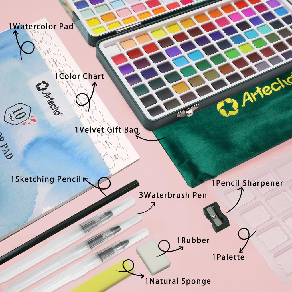 Artecho Watercolor Paint Set, 168 Colors, Paint Kit with Watercolor Pad, Brushes, and Pencils, Perfect for Beginners and Professionals