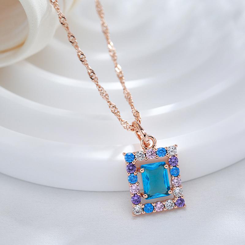 Kienl Fashion  Rose Gold Color Square Pendant Necklace For Women Blue Natural Zircon Accessories High Quality Daily Jewelry