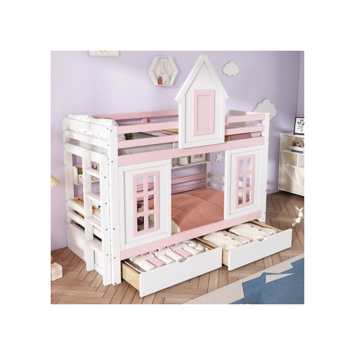 Patrová postel - MUVOE - 90x200 cm - Bílá + Růžová - 2 zásuvky - Integrovaná knihovna