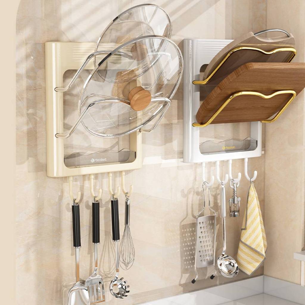 Kitchen Wall Mount Pot Lid Rack With Multilayer Storage For Home Cooking