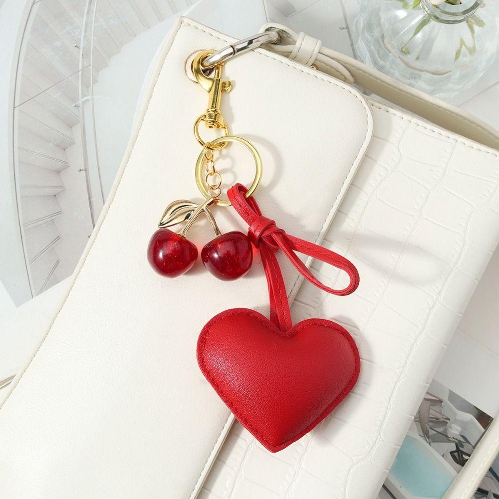 PU Leather Fruit Key Chain Resin Cherry Heart-shaped Keychain Cute Car Decor  Gift Giving