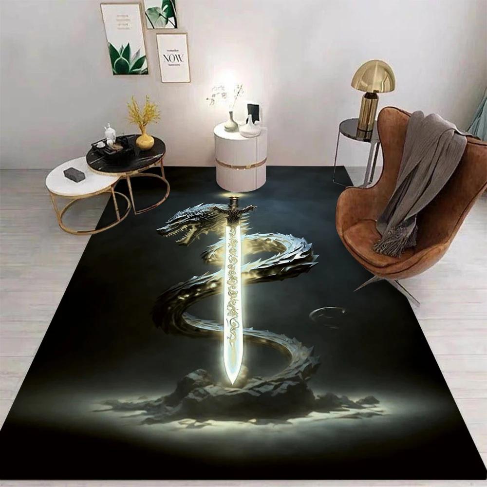 Fantasy Sword Dragon Phoenix Carpet With Glowing Sword Dragon Phoenix Flame Energy Designs Non Slip Rug For Living Room Decor