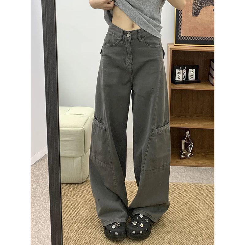 

Серый комбинезон, новые ретро джинсы с высокой посадкой, свободные и ленивые широкие штанины, тонкие брюки в пол S серый