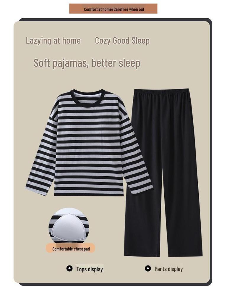 Pyjama d'automne pour femme à col rond rayé à manches longues avec coussinets de poitrine - Ensemble décontracté grande taille pour la maison et l'extérieur