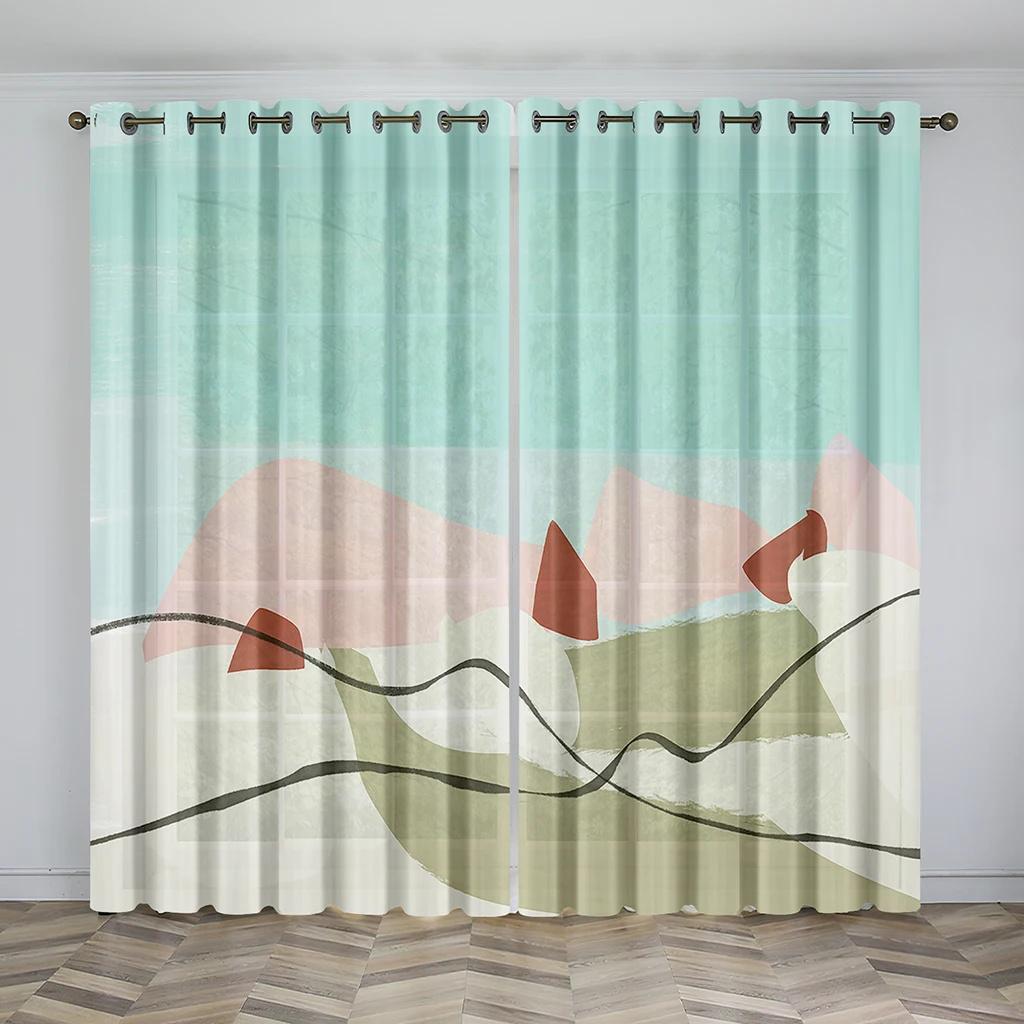 Modern Abstract Geometric Art Design Graffiti 2 Pieces Thin Shading Window Curtain for Living Room Bedroom Decor