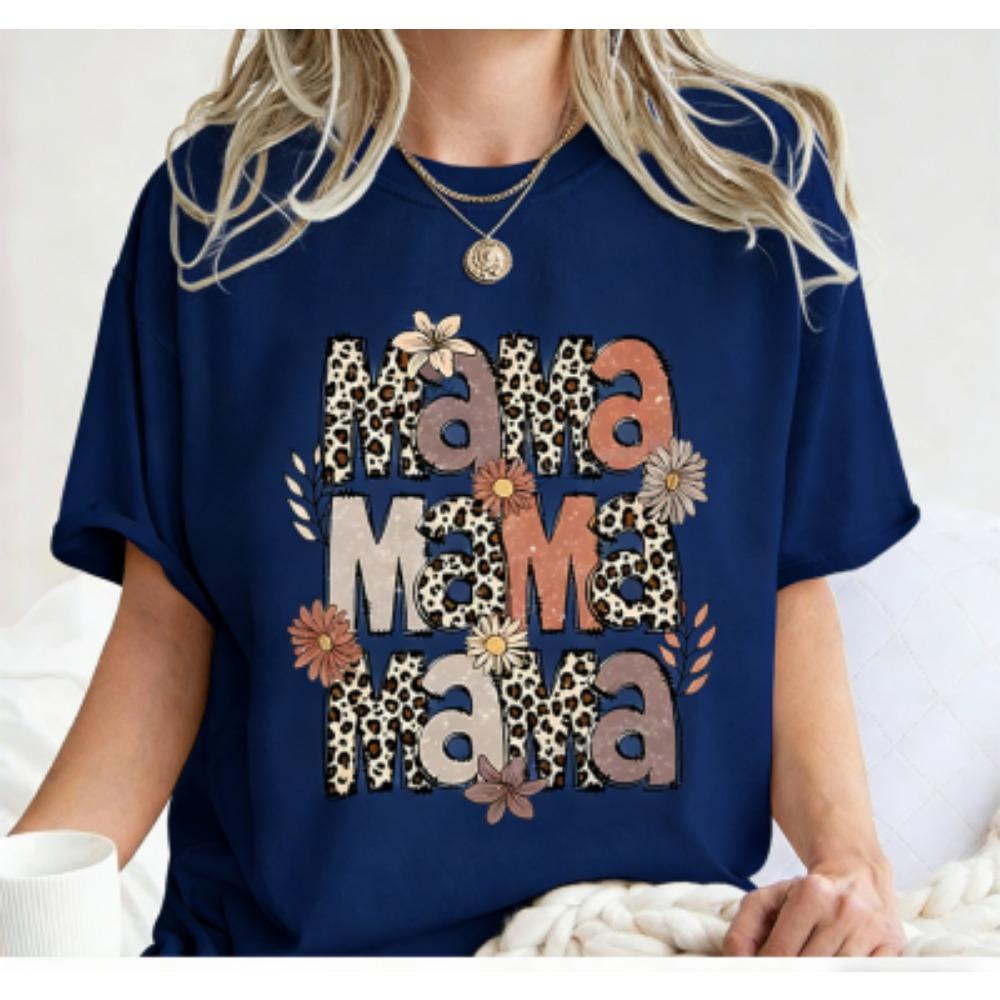 Fashion Funny Leopard Letter Mama Print Women's Short Sleeves T-Shirt Loose Casual Summer Outdoor Street Women's Tees Tops