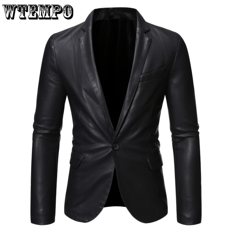 Men's Solid PU Leather Jacket with Pockets, One Button Slim-fit Lapel Outwear - for Business, Parties & Formal Occasions - for Men - PU Leather