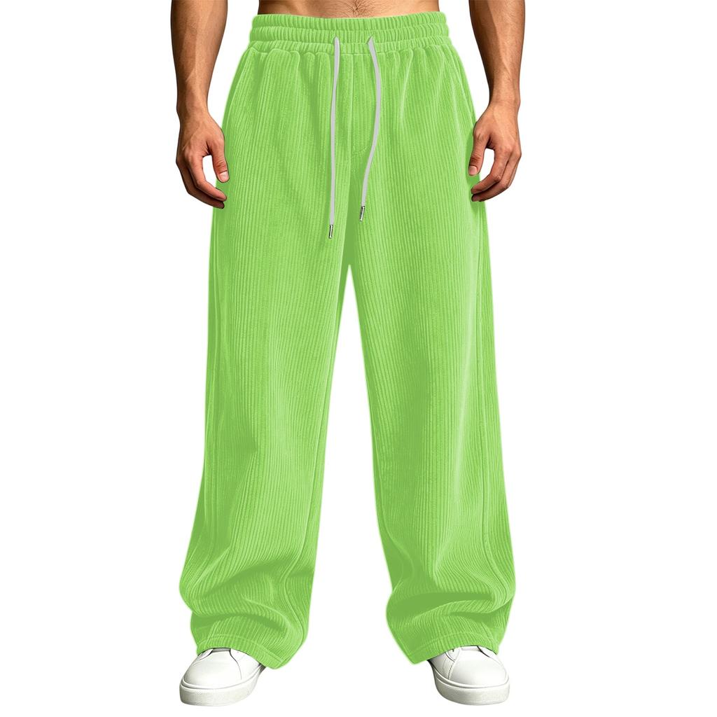 Pantalones de pana para hombre de cintura alta con bolsillos de corte holgado pierna recta ancha color casual