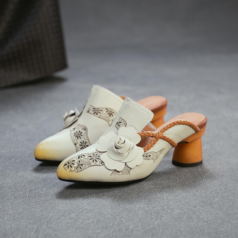 Johnature Vintage Genuine Leather Handmade Flower High Heel Slippers Pointed Toe Women's Shoes