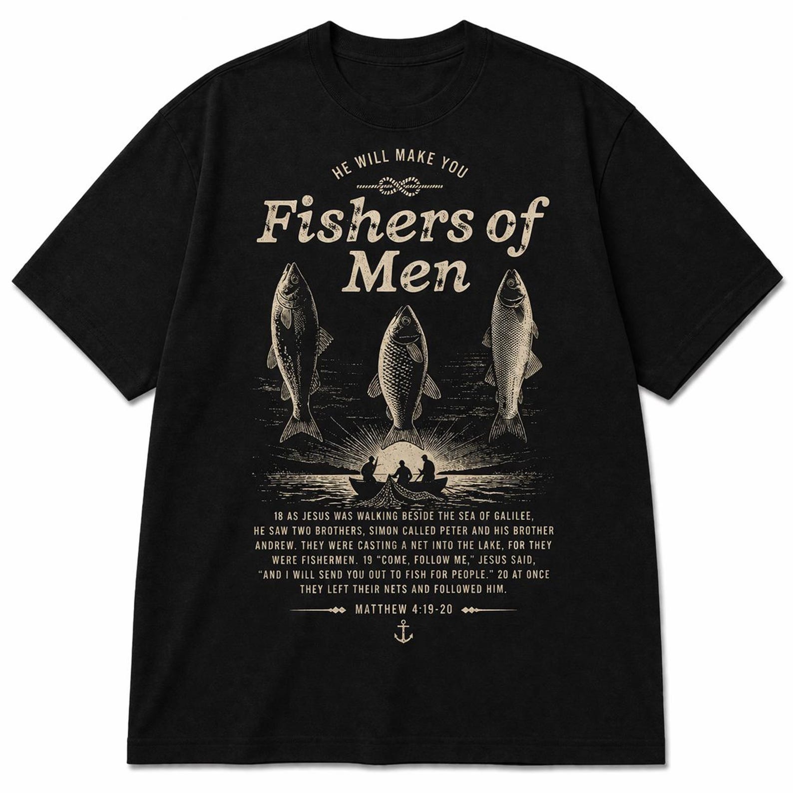 Vintage Fishers of Men Christian T-Shirt, Matthew 4:19 Bible Verse Fishing Tee M
