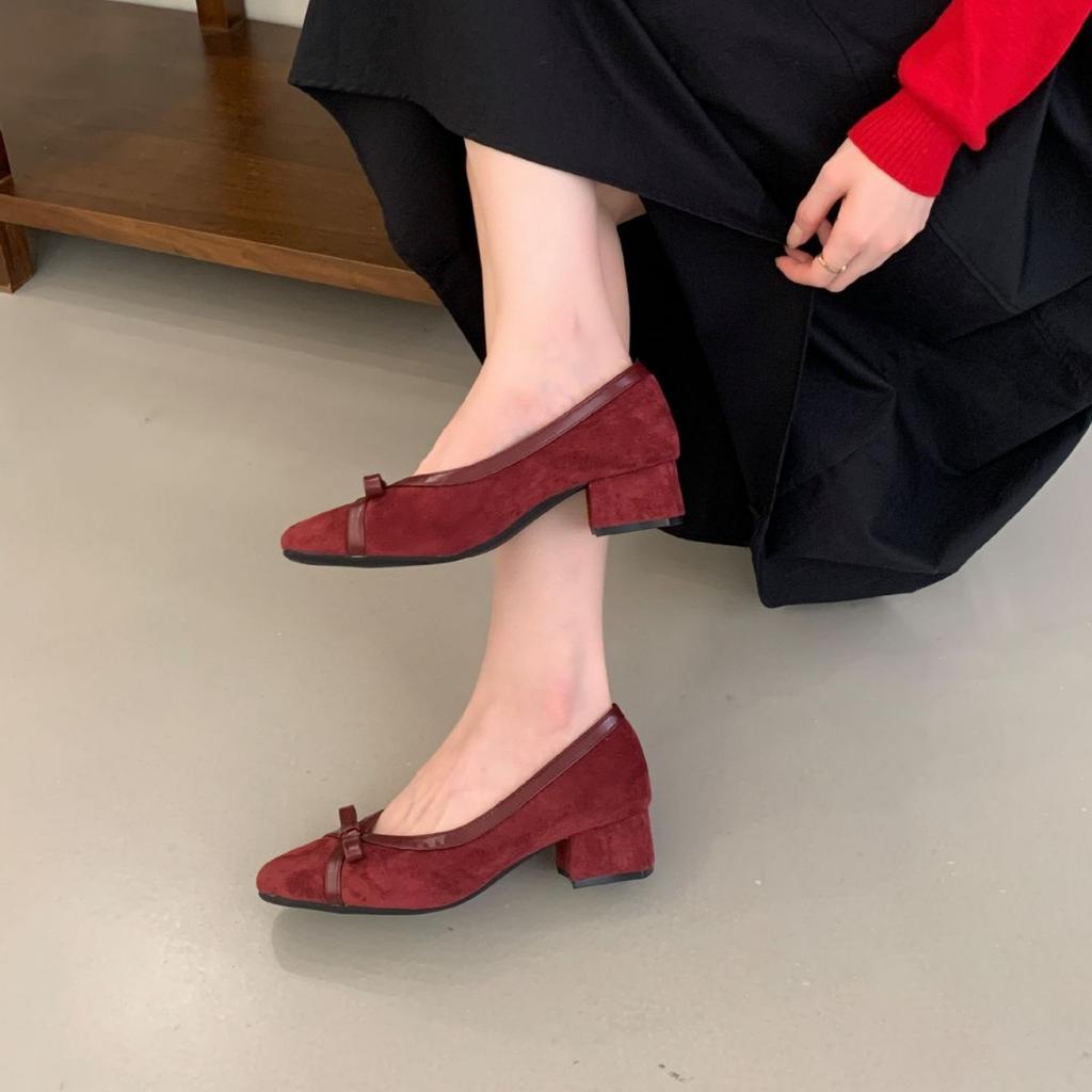 French light mouth single shoes women's spring and autumn new temperament gentle fairy style bow pink commuter thick heel evening shoes