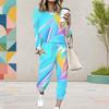 Women Plus Size Multicolor Printed Round Neck Long Sleeve Cuffed Top And Pants Two Piece Set With Pockets