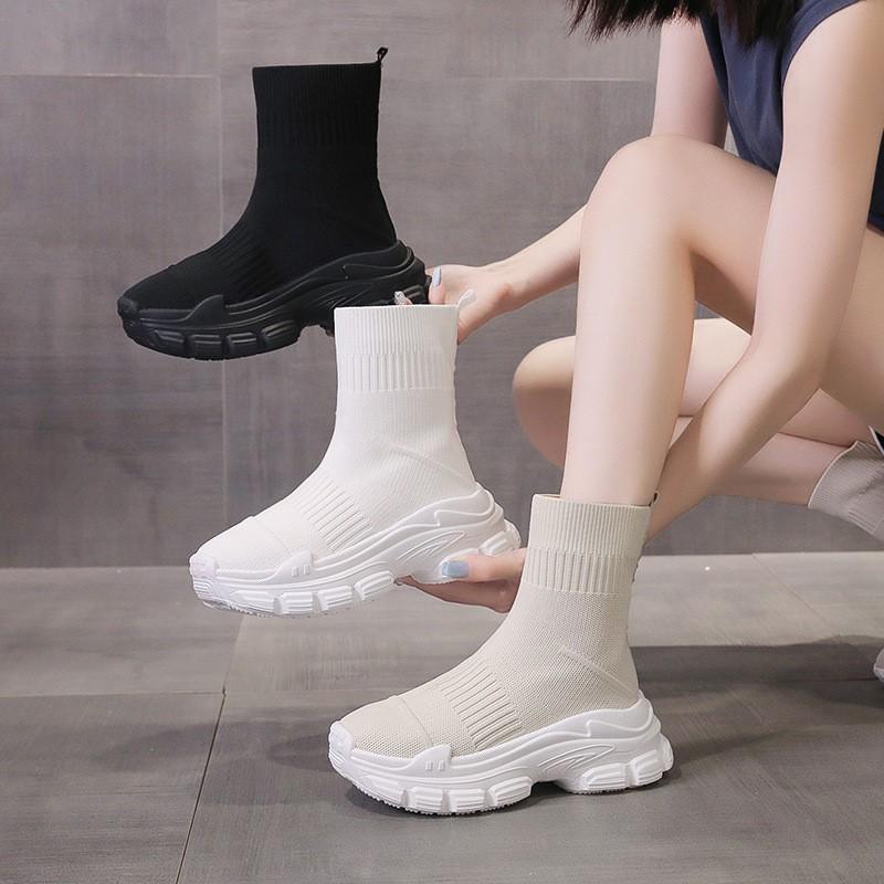 Sock Boots Women's Summer New Black High Top Sock Shoes Women's Thick Soled Elastic Flying Woven Casual Shoes C1158